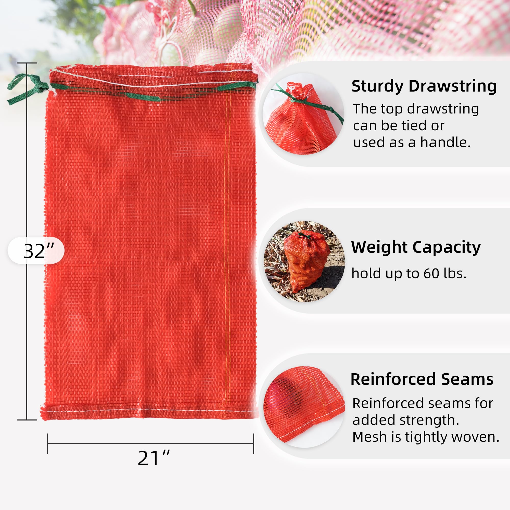 300pcs Extra Large Mesh Produce Bags 60 lbs Reusable Onion Sacks Vegetable Storage Bags Washable Net Bag 21” x 32” for Onion Potato Firewood Crawfish, Pack of 300 - 图片 2