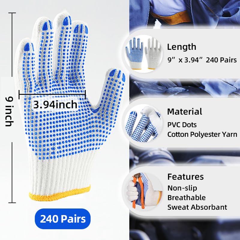 240 Pairs Cotton Work Gloves with Anti-slip Dots for Men Women, Breathable Cotton Knit Grip Gloves for Gardening Warehouse Construction Mechanic Industrial, One Size Bulk - 图片 2