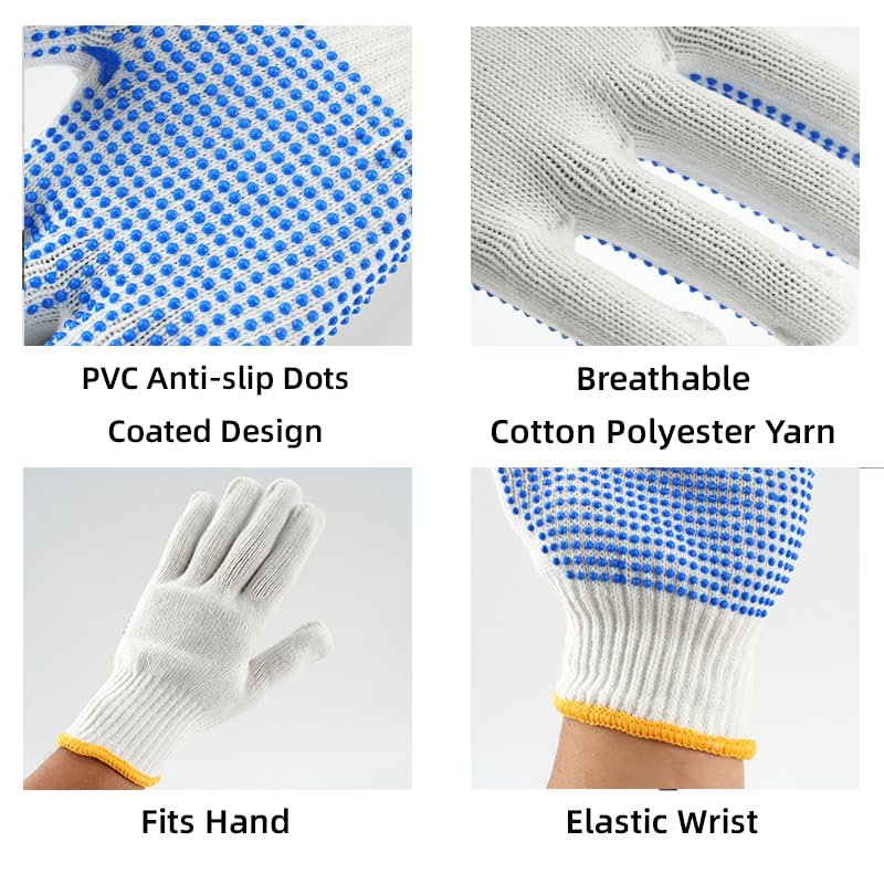 240 Pairs Cotton Work Gloves with Anti-slip Dots for Men Women, Breathable Cotton Knit Grip Gloves for Gardening Warehouse Construction Mechanic Industrial, One Size Bulk - 图片 4